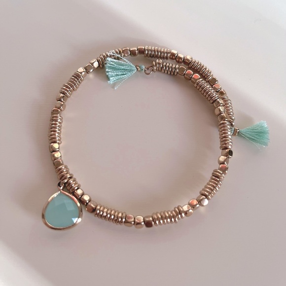 Francesca’s Gold Metal Coil Beaded Bracelet Turquoise Charms Tassel - Picture 1 of 5